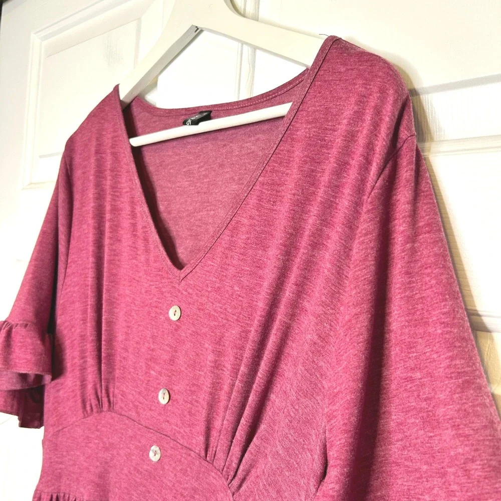 Allegra K V Neck Button Front Ruffle Sleeve‎ Midi Dress Fuchsia XL